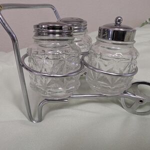 Vintage Glass Spice Jar Set with Silver Holder